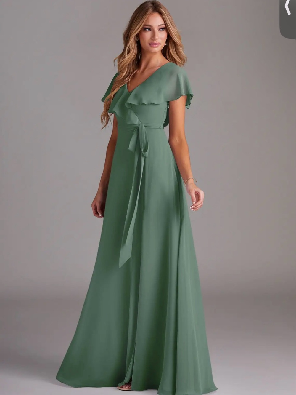 Azazie Lainey Eucalyptus Green V-Neck Maxi Dress with Waist Tie